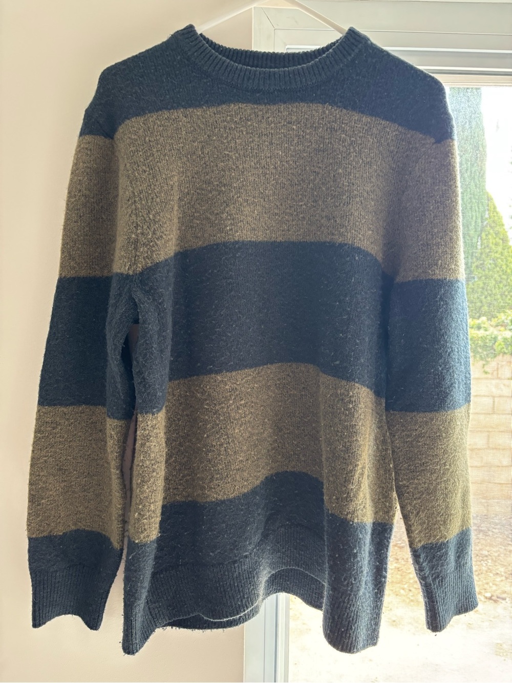 H&M Men's Crewneck Sweater in Olive Green & Navy Stripes